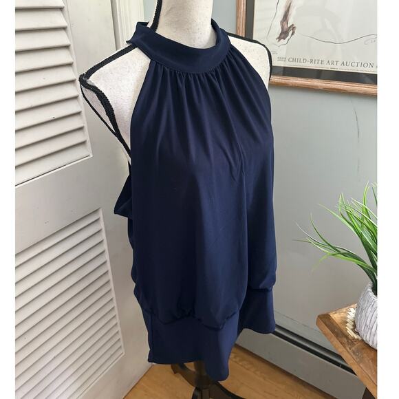 BOSTON PROPER Womens Top XL Navy Blue Halter Banded Bottom Mock Neck Open Back - Picture 4 of 9